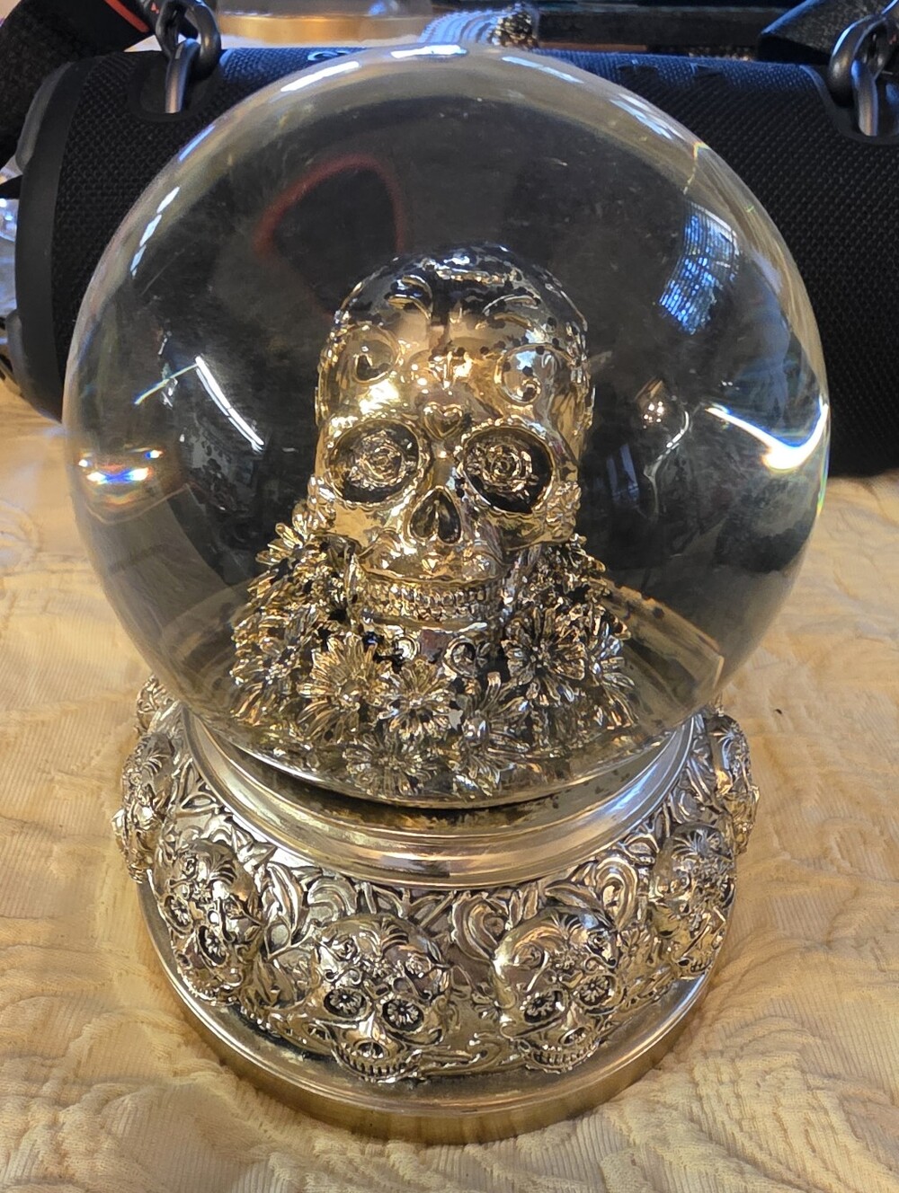 Gold Skull Snow Globe With Black Snow